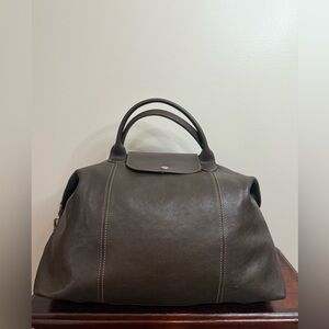 Longchamp Modele Depose Dark Brown Leather tote/shoulder Bag silver hardware